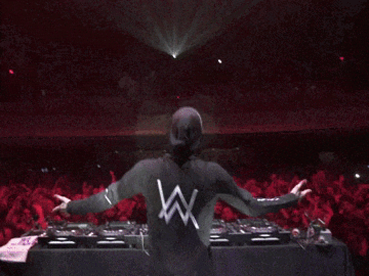 Alan Walker 在 DJ 台背后张开双臂，背后大号 AW 标志